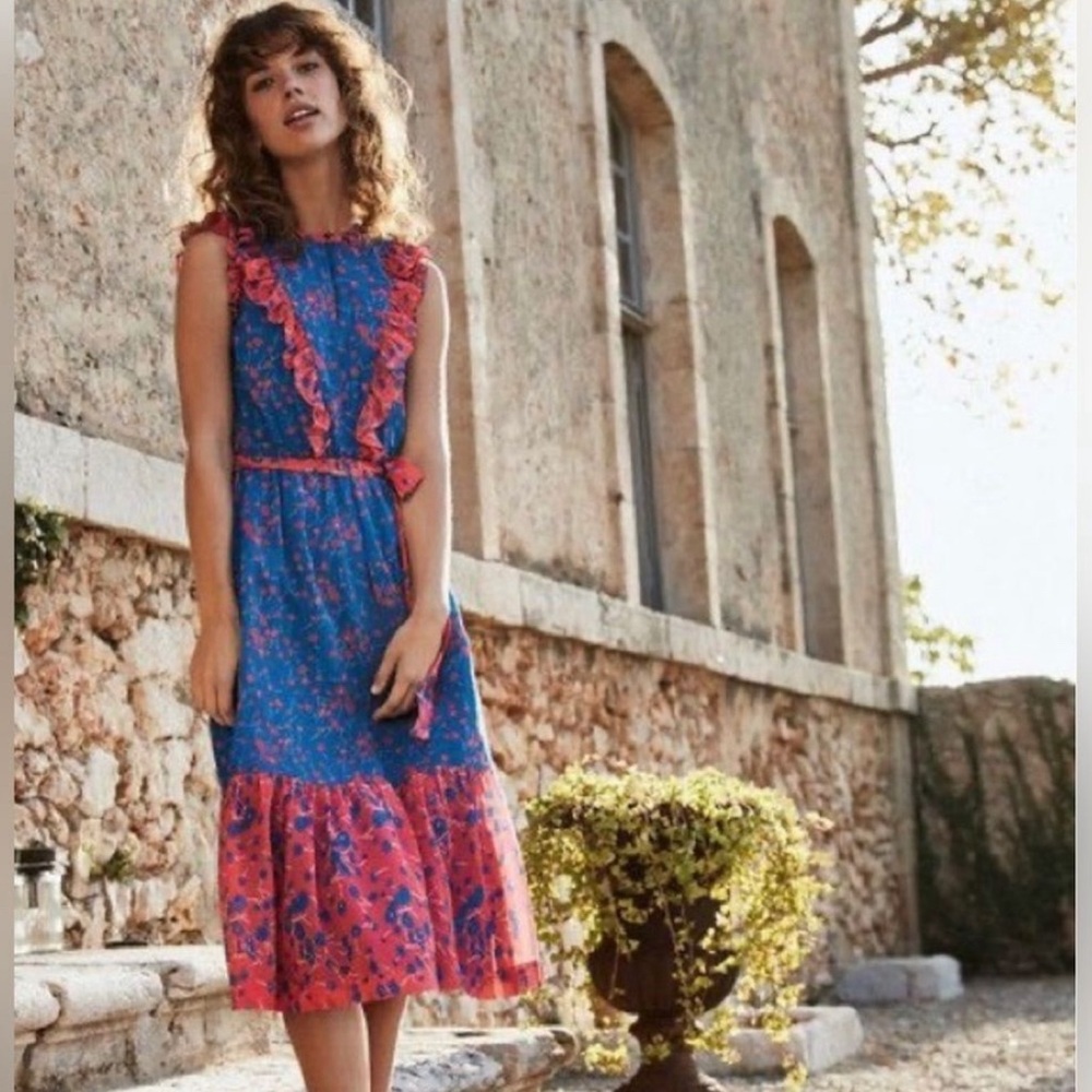 Boden Elise meadow midi dress with ruffle and tie blue coral - size 8